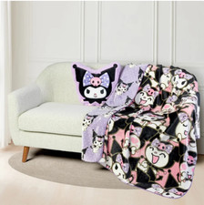 Kuromi Faux Fur Pillow 18"  Reversible Throw Blanket Soft Washable Set 60"x70"