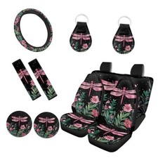 11 Pack Auto Accessories Car Seat Covers Full Set for Front Dragonfly Flowers