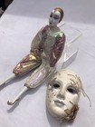 Vtg 80s Mardi Gras Harlequin Jester Venetian Porcelain Doll & Mask Gold Pink Set