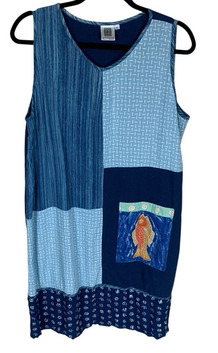 Women's Usindo Blue Patchwork Fish Sleeveless Kne… - image 1