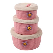 Round Storage Baskets with Lids Set of 3, Woven Cotton Rope Organizer Bins fo...