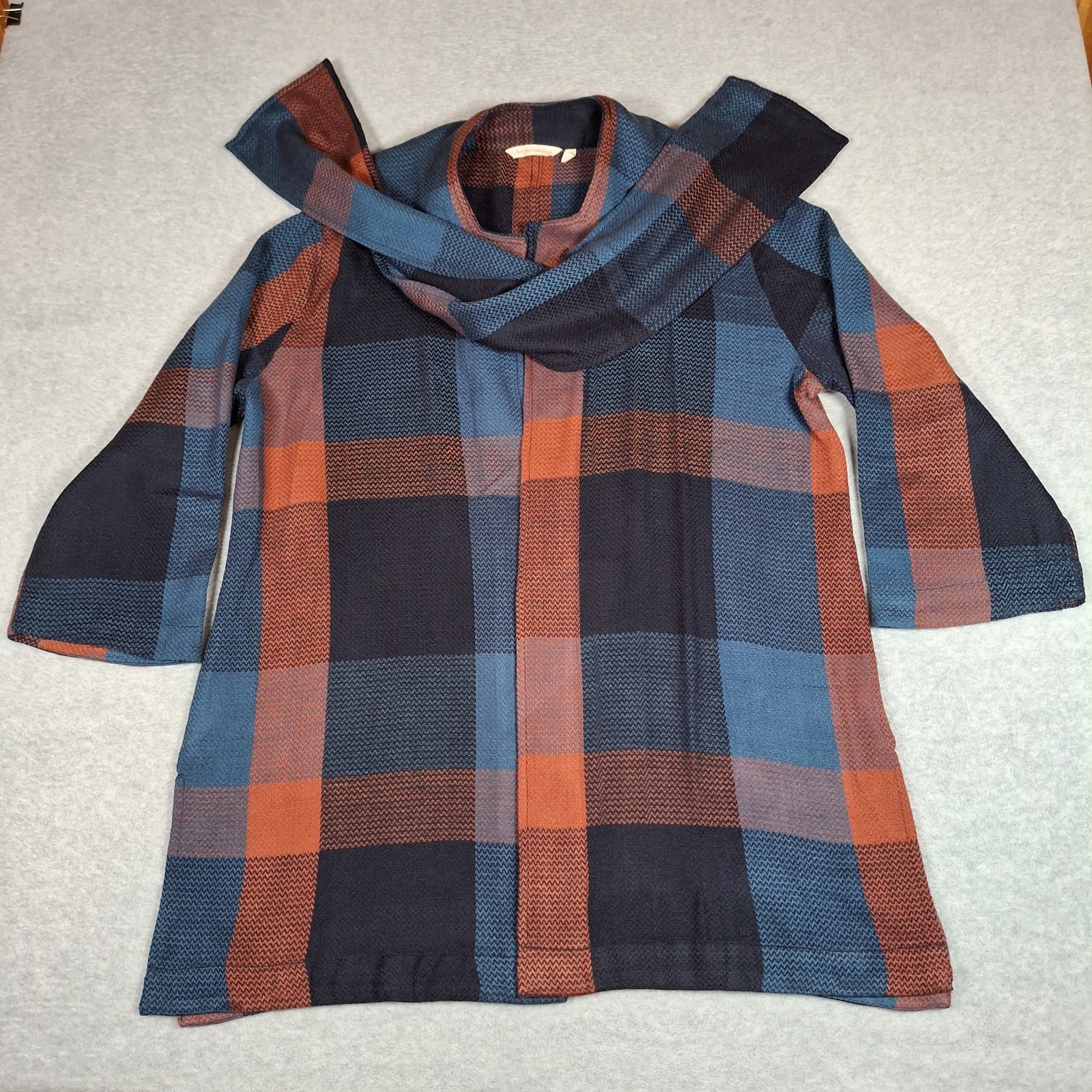 Soft Surroundings Scarfed Cardigan Sweater Women Large Blue Plaid Open Front