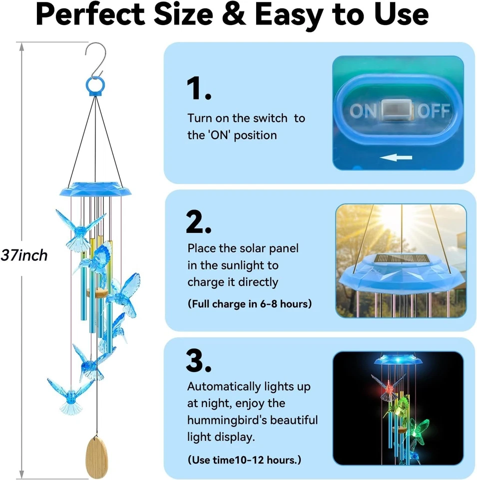 Wind Chimes,Hummingbird Solar Wind Chimes for Outside,Aluminum Tubes Memorial... - Image 3 of 4