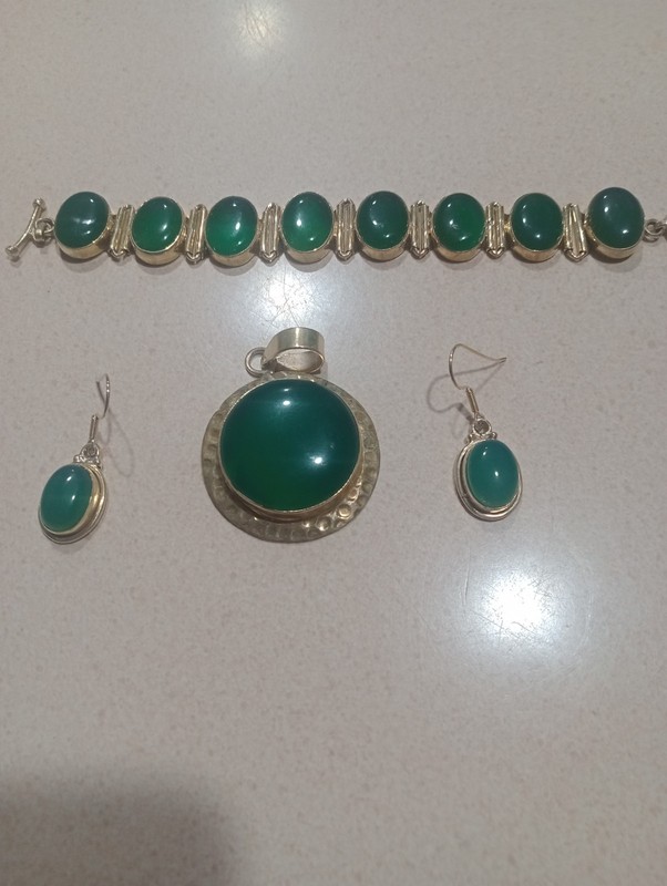 Sterling Chalcedony Bracelet, Pendent, Earrings 925 ,1.88 Oz. 7/3/4 , To 6 1/2".