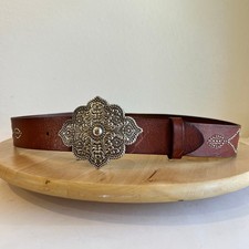 Fossil Brown Genuine Leather Silver Studded Indie Chunky Buckle Belt Size Medium