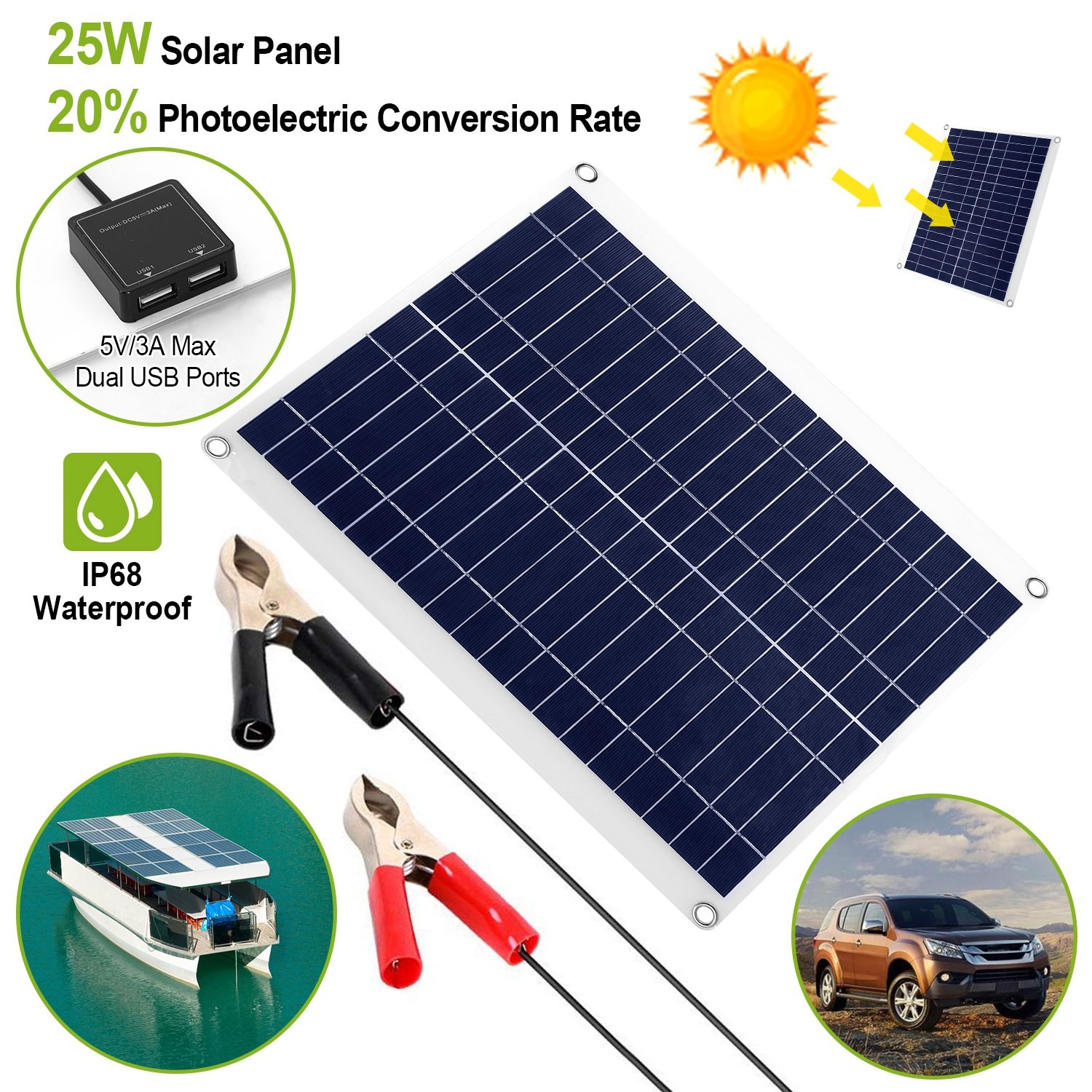 Solar Panel 12V 25W Car Battery Charger w/3.0A Dual USB Charging For RV Car Boat