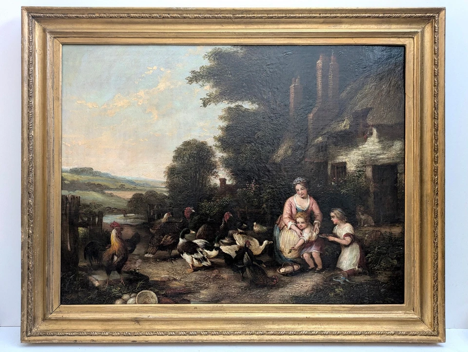 Ölgemälde ENGLAND 19. Jh UNBEKANNTER KÜNSTLER antik FRAU KINDER Vögel Landschaft - Bild 2 von 4