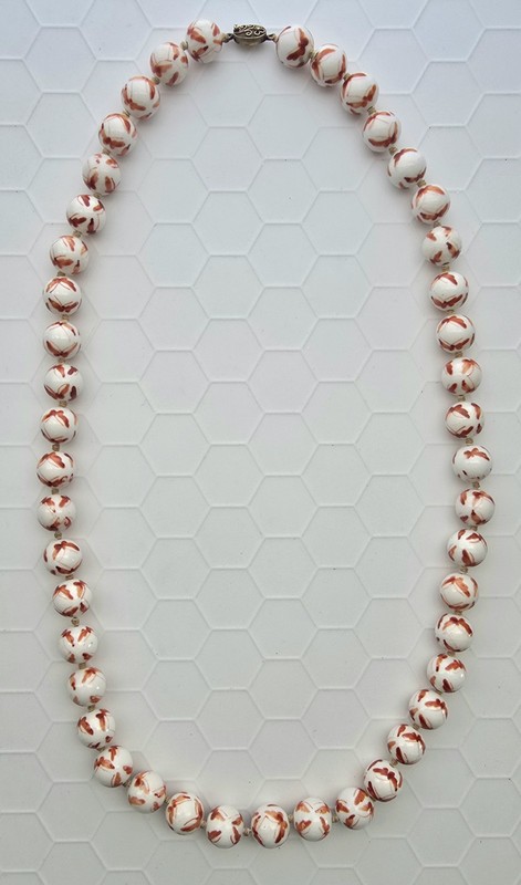 Vtg Chinese Knotted & HP Beaded Necklace Butterfly Porcelain Glass Beads Silver 