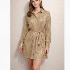 Le Lis Metallic Shirt Dress Size XS Gold Belted Long Sleeve