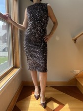 IEENA for MAC DUGGAL Women's Black Sequin Sleeveless Backless Knee Dress Size 2