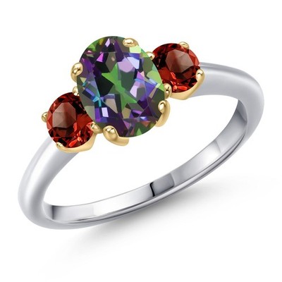 925 Silver and 10K Yellow Gold Green Mystic Topaz and Garnet Engagement Ring