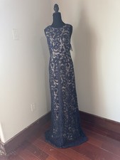Adrianna Papell Navy Lace Mermaid Gown, Embroidered Floral, Sleeveless, Size 4