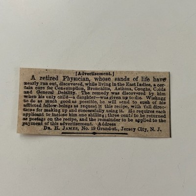 Cure For Bronchitis Asthma Dr H James Jersey City NJ 1857 Clipping TAJ5-S33