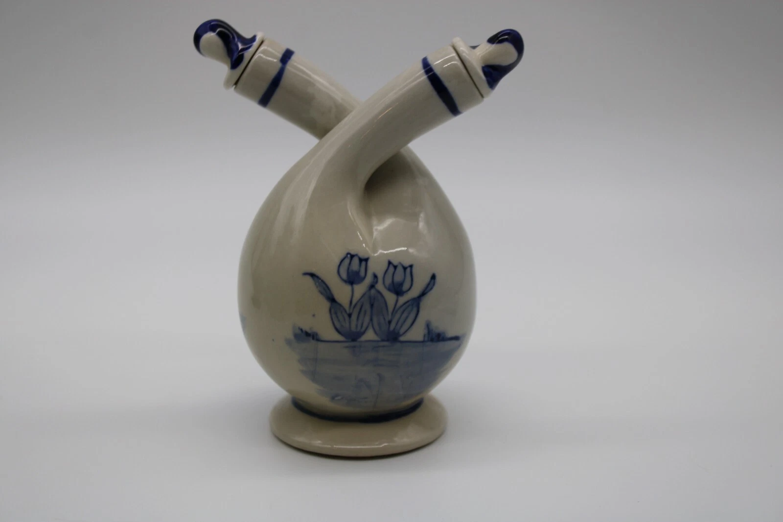 Vintage Oil & Vinegar Double Cruet Blue/ White Windmill Sailboat Tulips Stoppers