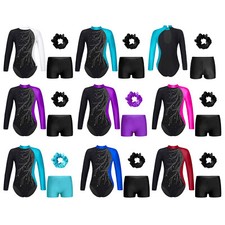 Kids Girl Set Breathable Outfits Competition Dancewear Mock Neck Leotard Dance