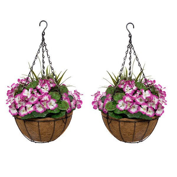 GreenBrokers 2x Artificial Purple Geranium Round Coir Hanging Baskets