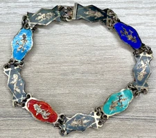 Vintage SIAM Sterling 925 Rare Multicolor Enamel Niello Dancer Link Bracelet 7g