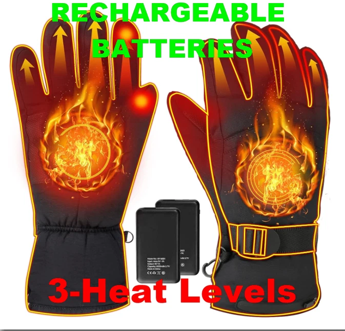 Unisex Large Heated Gloves (104-140^F) 3Way Heat Switch W/Rechargeable Batteries