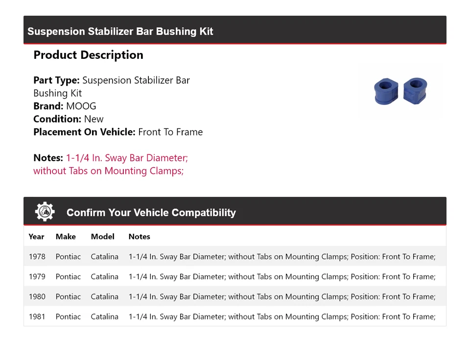 Kit de buje de barra estabilizadora de suspensión para Pontiac Catalina 1978-1981 MOOG 1978 Foto 2 de 4