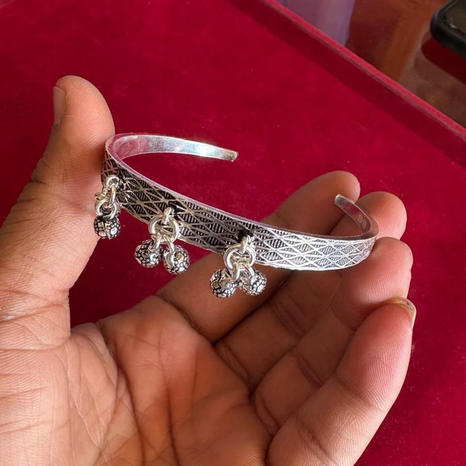 925 Sterling Silver Bells Charm Bracelet for Women Handmade Cuff Bangle Kada - Image 4 of 4