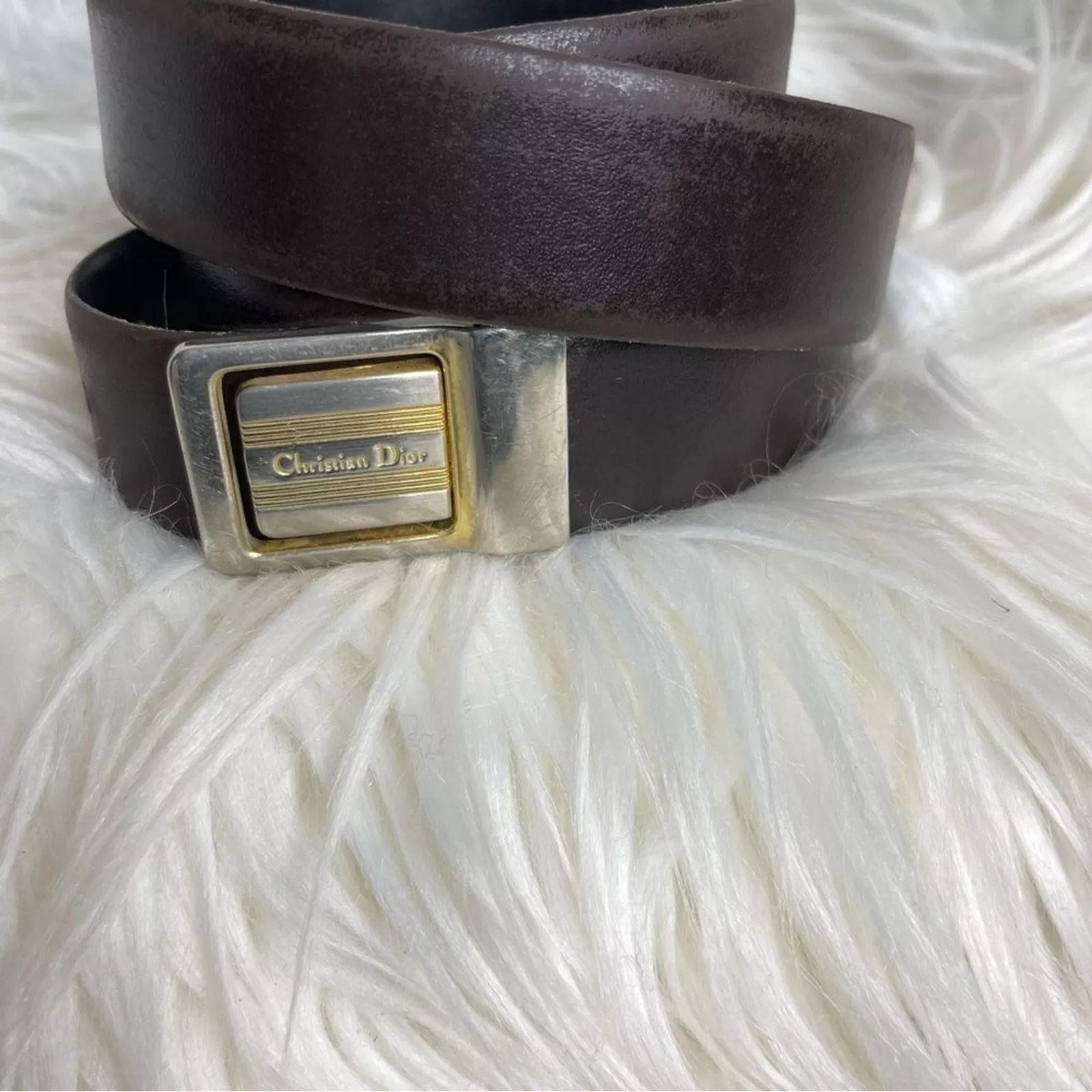 Boucle métallique vintage CHRISTIAN DIOR réversible cuir noir/brun ceinture SZ 38