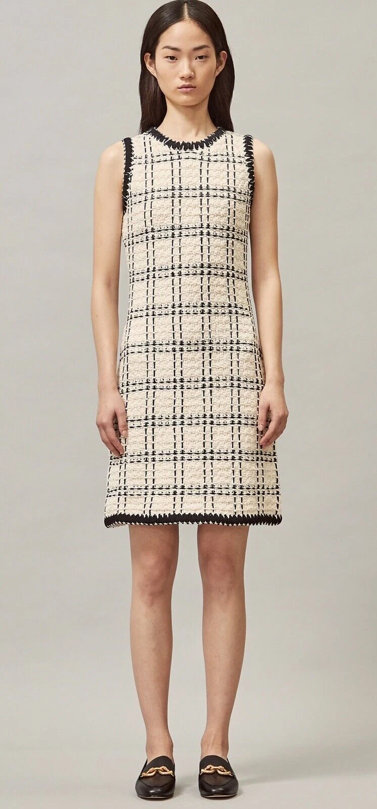 Abito donna Tory Burch M Medium avorio nero lino lana tweed senza maniche $598