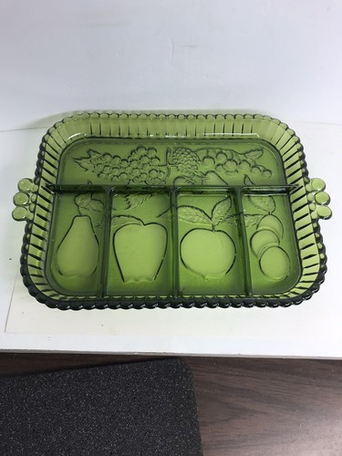 Indiana Glass Green 5 Part Relish Serving Dish Fruit Design 12 3/4” X 9”