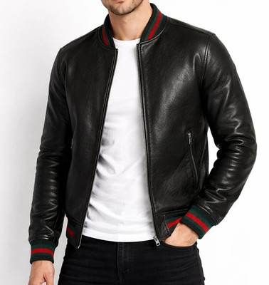Men s Black Genuine Leather Bomber Jacket   Classic Flight Style Outerwear Coat