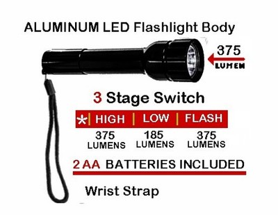 Aluminum LED Flash light 375 LUMEN, 6'' Long, Adjustable Beam Size, Strobe &MORE!