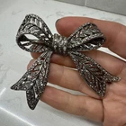 Vintage Bow 2-1/2" Silver Tone Costume Jewelry Brooch Pin Rhinestone Accents