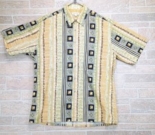 Vintage Pierre Cardin Mens Large Olive Green Tan Black Geometric Hawaiian Shirt