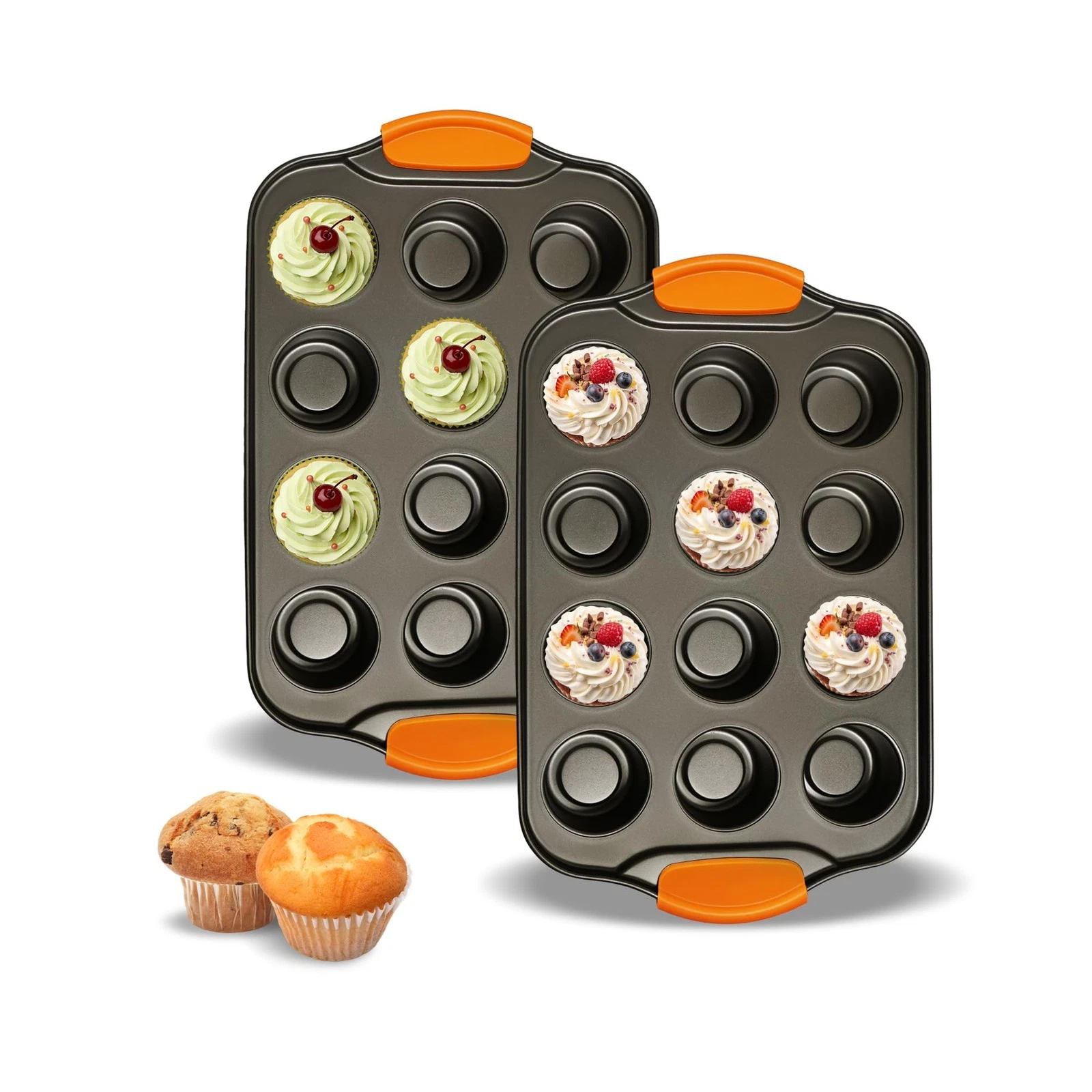 2 PACK Muffin Pan with Silicone Handles, Nonstick 12-Cup Cupcake Pans, Carbon...