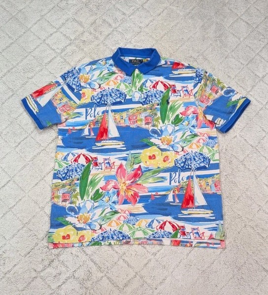 Polo Ralph Lauren Shirt Mens L Blue Riviera Print Mesh Polo Travel Nautical