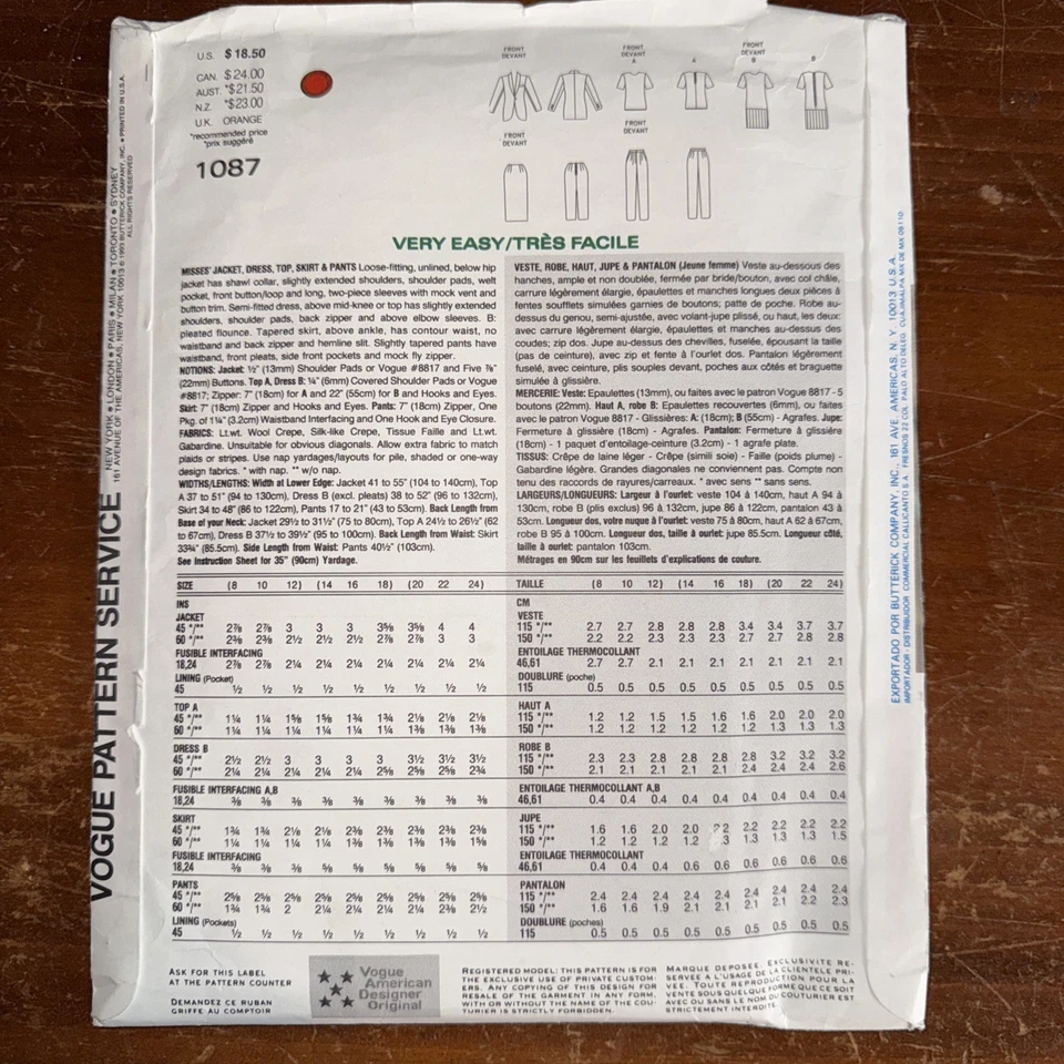 VOGUE PATTERN - 1087 LADIES JACKET DRESS TOP SKIRT PANTS CAREER 8,10,12 Uncut - Image 3 of 3