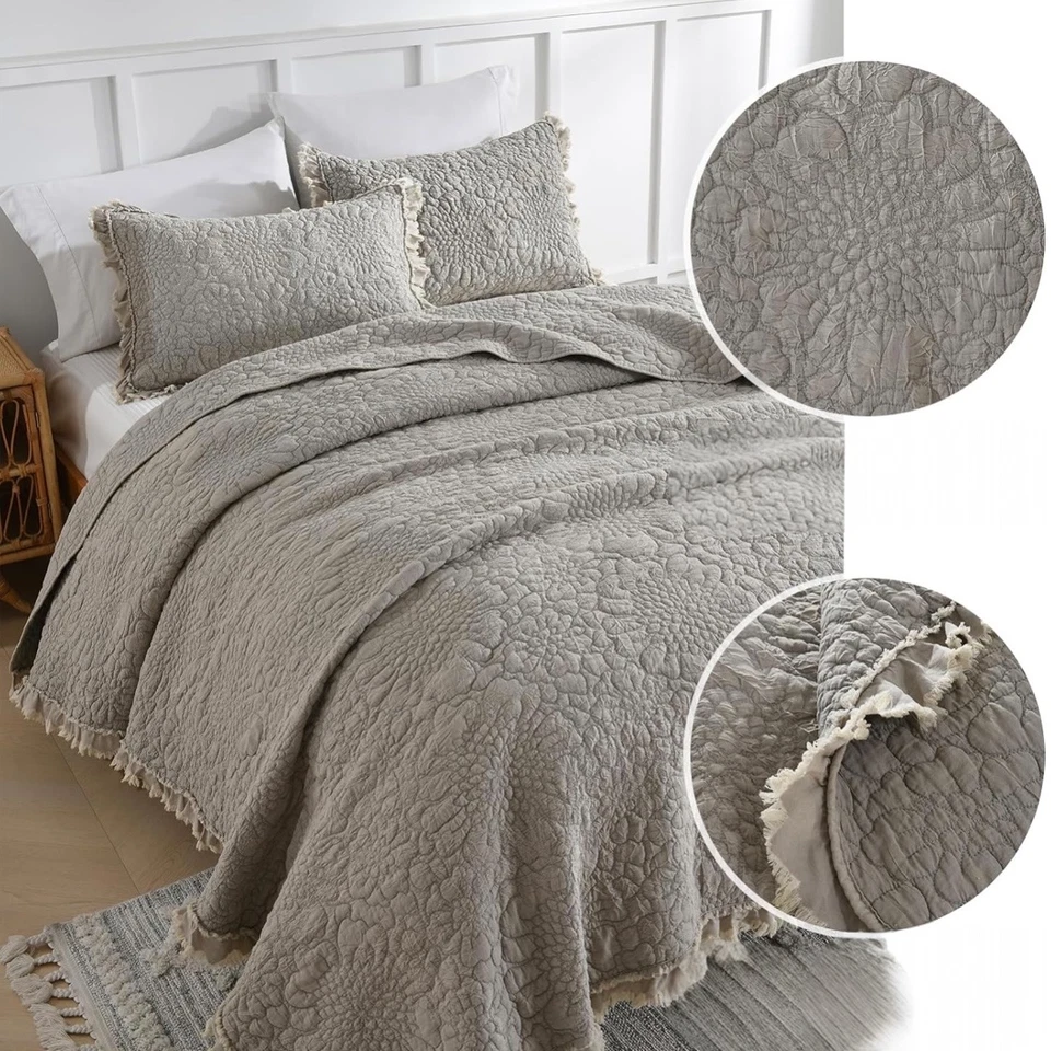 NUEVO Juego de edredón y farsa de ropa de cama Queen/King gris antro beige boho con volantes arrugados Foto 4 de 4