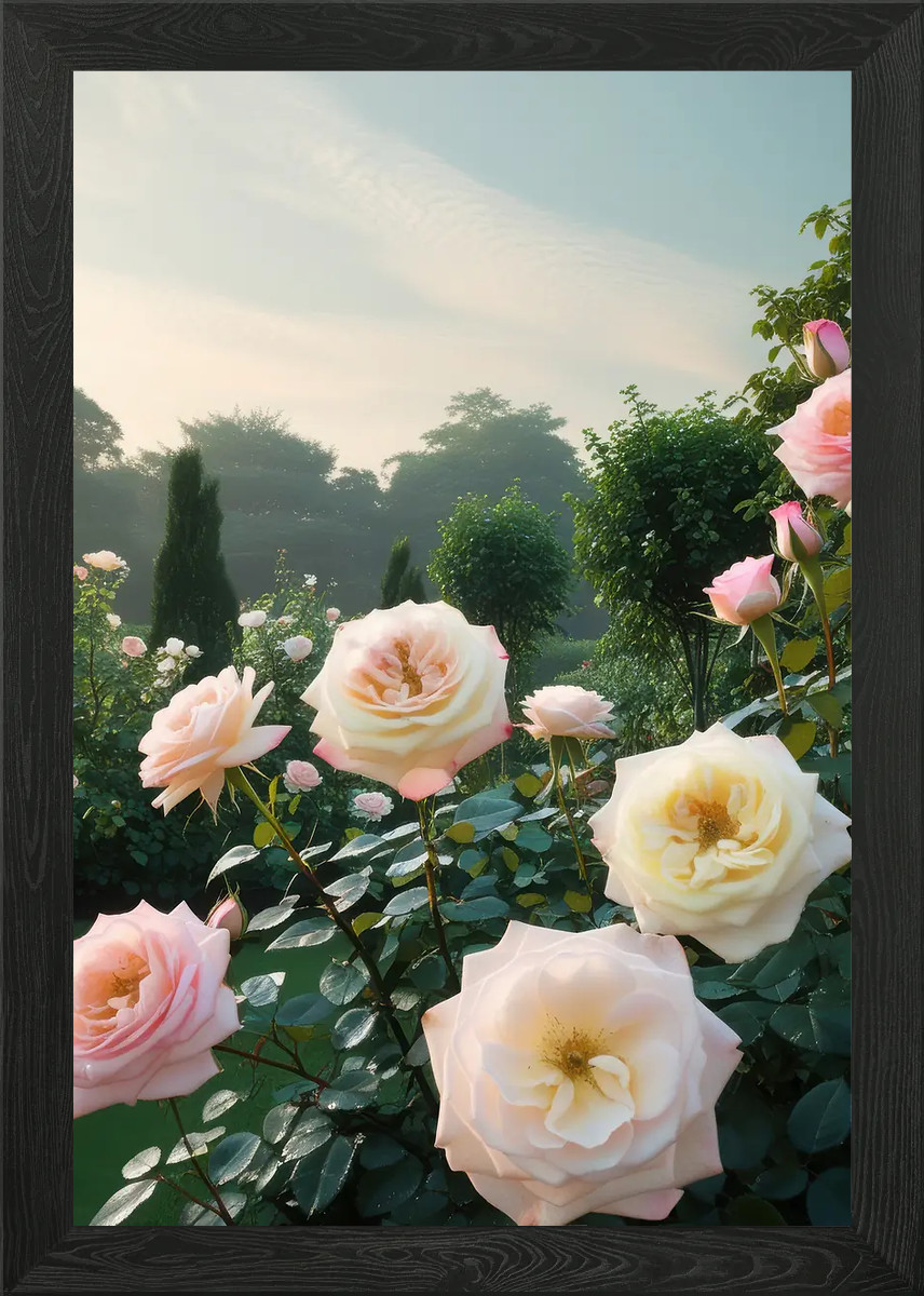 Póster de arte de pared enmarcado de rosas rosadas y blancas en el jardín lienzo impresión cuadro
