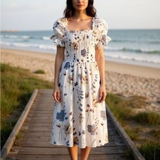 Floral White Dress with Blue Accents S