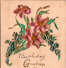 Antique UDB Postcard Birthday Greetings Embossed Flowers c1907