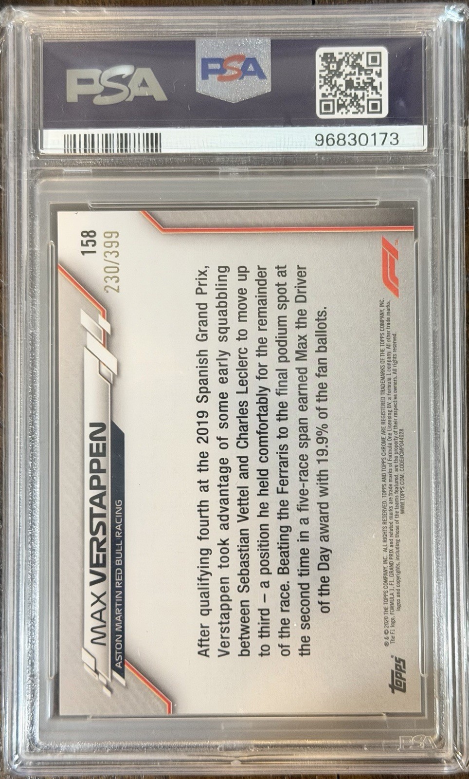 2020 Topps Chrome Max Verstappen #158 Purple Refractor  230/399 PSA 8 view 2