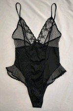 80's Vintage Teddy Bodysuit Black Silky Nylon  Lace Sheer Bust Ruffle Hip Sz S