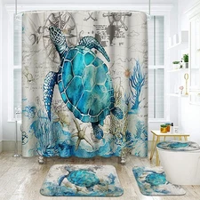 Navy Blue Bathroom Set with Shower Curtain and Rugs , Turtle Blue and Gray Sh...