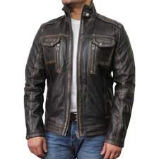 Men's Black Distressed Real Sheepskin Leather Cafe Racer Motorcycle Biker Jacket