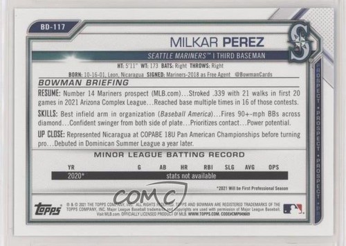 Bowman Draft 2021 blu 1/150 Milkar Perez #BD-117 13c1 - Foto 2 di 3