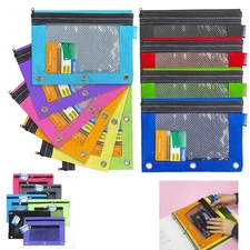 24 Pk BAZIC 3-Ring Pencil Case Rivet-Reinforced Holes Mesh Window Bright Colors