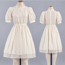 Vintage 80s Edwardian Prairie High Neck Dress Puff Sleeve Victorian Eyelet Midi