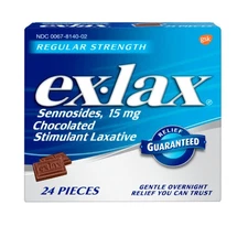 Ex-Lax Regular Strength Constipation Stimulant Laxative, Chocolate Pieces, 24 Ct