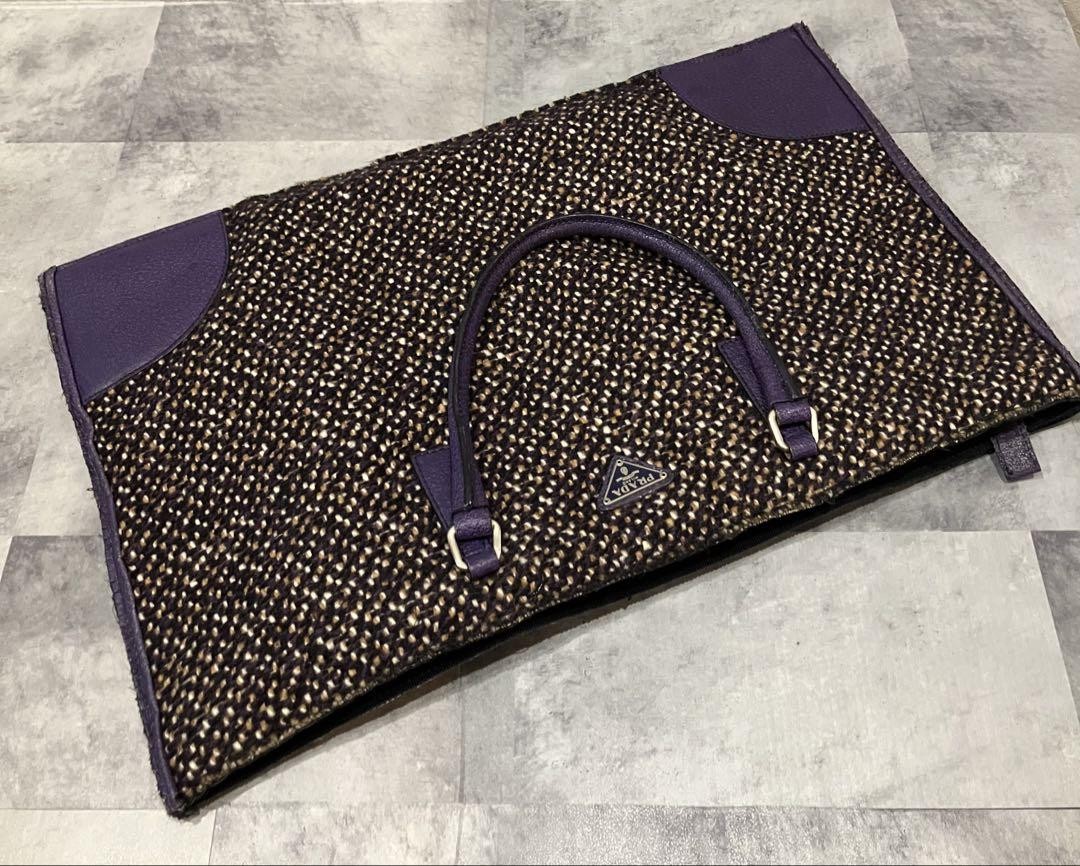 PRADA tweed × leather tote bag Prada Tweed Handbag Purple Leather A4 Tote Casual Vintage