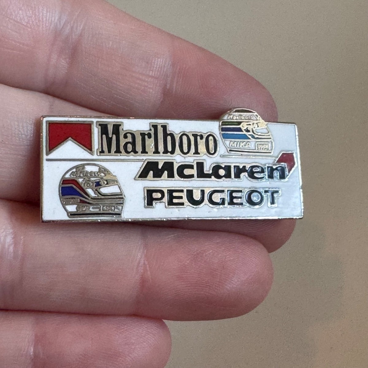 Vintage Marlboro McLaren Peugeot Mika Hakkinen Helmet Logo Lapel