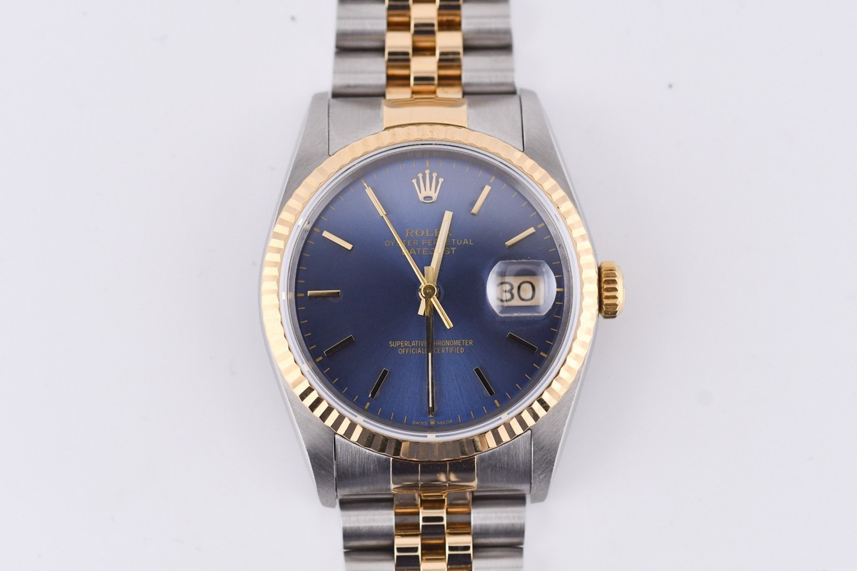 Rolex Datejust 16233 Yellow Gold Fluted Bezel Custom Blue Stick