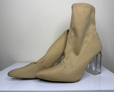 Fashion Nova Beige Synthetic Sock Ankle Boot Pointed Toe Block Heel Stretch 11